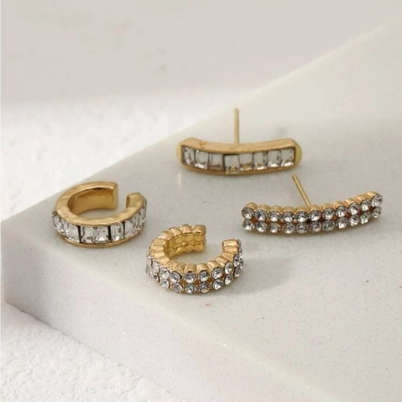 Gold 4/$25 4pc Bar Rhinestone earrings with ear cuffs - Picture 2 of 2